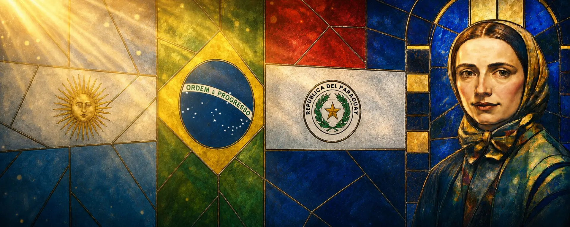 Vitral de Madre Cabrini com bandeiras de Argentina, Brasil e Paraguai